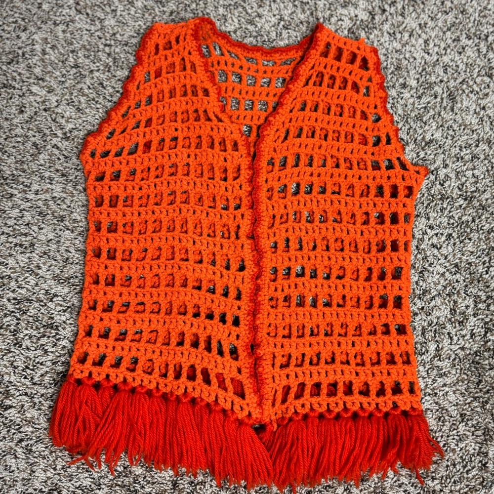 Vintage festival Orange Crochet Vest with Fringe cover up grandma core